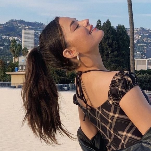 I.AM.GIA Carmel Top Black Check Plaid Halter-Tie Puff Sleeve XS EUC - Picture 8 of 10